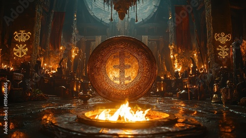 A mystical chamber filled with flames, ornate decorations, and a central circular emblem, creating an atmosphere of ancient rituals and mystery.