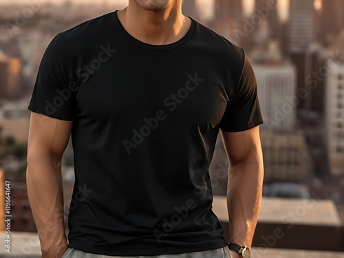 Black T-Shirt Mockup with Urban Skyline photo