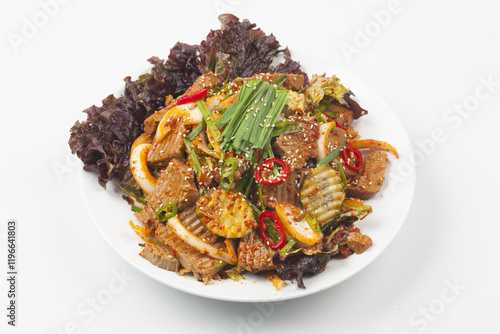 A side dish made with acorn jelly mixed with various vegetables and seasonings. photo