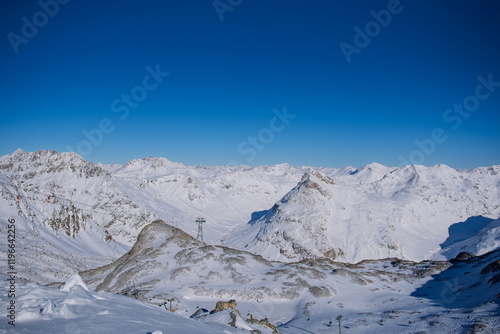 Switzerland Bernina Diavolezza perennial glacier, in winter with snow, Bernina train route.