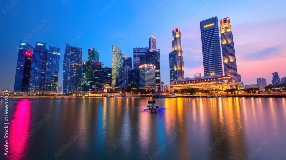 Naklejka premium Cyber security and sleek, A stunning skyline at dusk showcasing modern skyscrapers reflecting on water, illuminated by colorful lights.