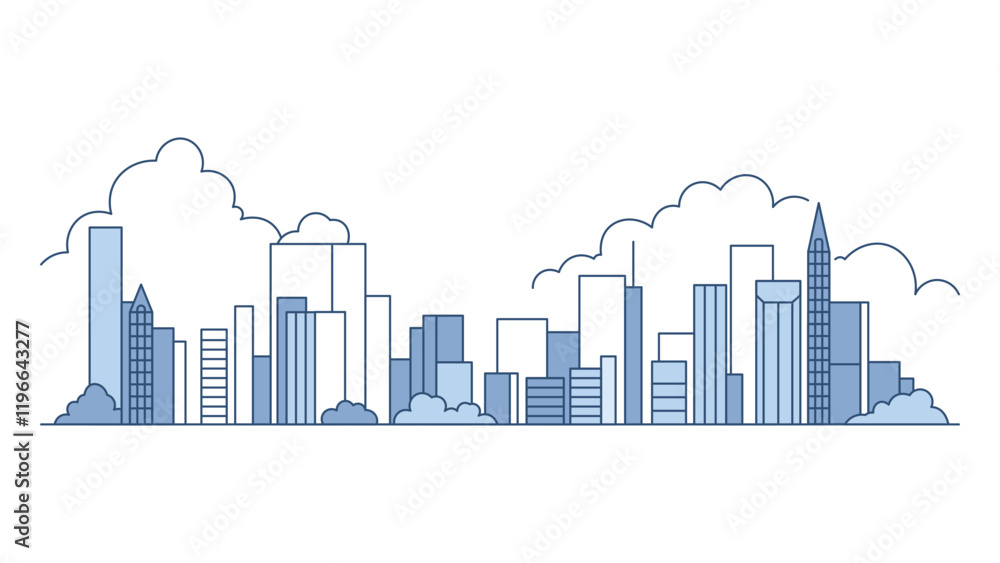 Naklejka premium Cityscape Skyscrapers Building Landscape in City Town with Line Outline Design Style