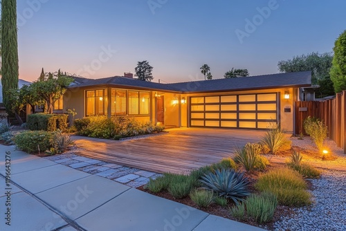 Modern suburban house with illuminated frosted glass garage door at dusk
