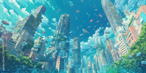 Submerged Cityscape With Fish Swimming Above Buildings photo