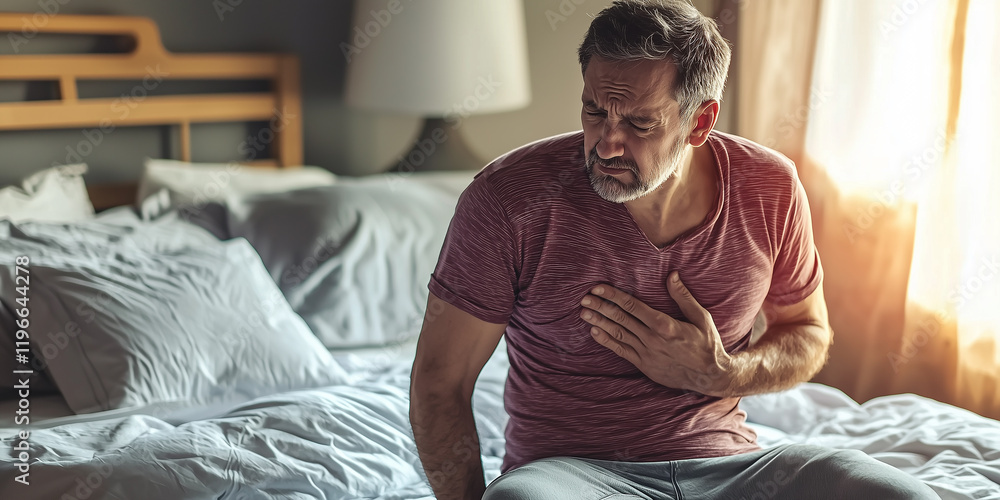 Man Experiencing Chest Pain in a Bedroom Setting during Morning Light, Indicating Health Concern and Emotional Distress Man Experiencing Chest Pain in a Bedroom Setting during Morning Light, Indicating Health Concern and Emotional Distress