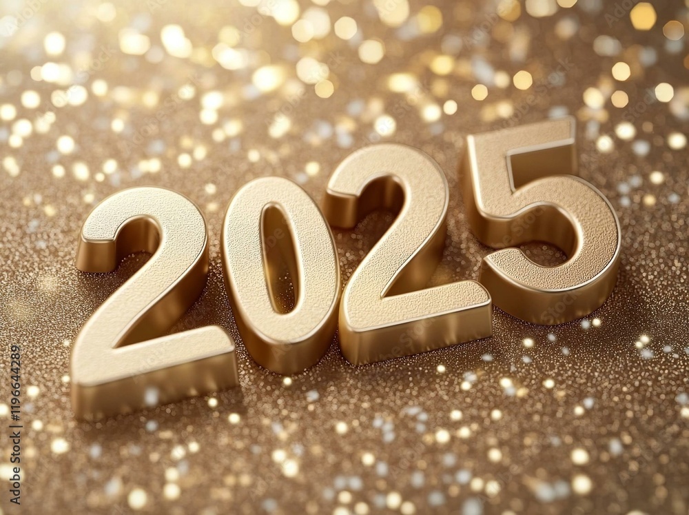 2025 New year. Realistic golden 3d number with golden bokeh festive soft glowing light on mocha mousse pantone color background palette. Holiday banner with numbers date 2025. 2025 New year. Realistic golden 3d number with golden bokeh festive soft glowing light on mocha mousse pantone color background palette. Holiday banner with numbers date 2025.