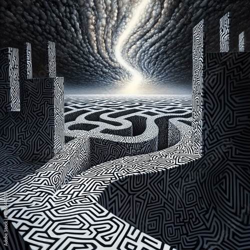 Abstract illustration of a labyrinth maze. Creative digital art background. Textured with subtle light noise and dust. Can be used as a music album cover design.