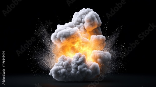 Large explosion cloud with a bright orange flame in the middle. The explosion is depicted in a 3D computer generated image photo