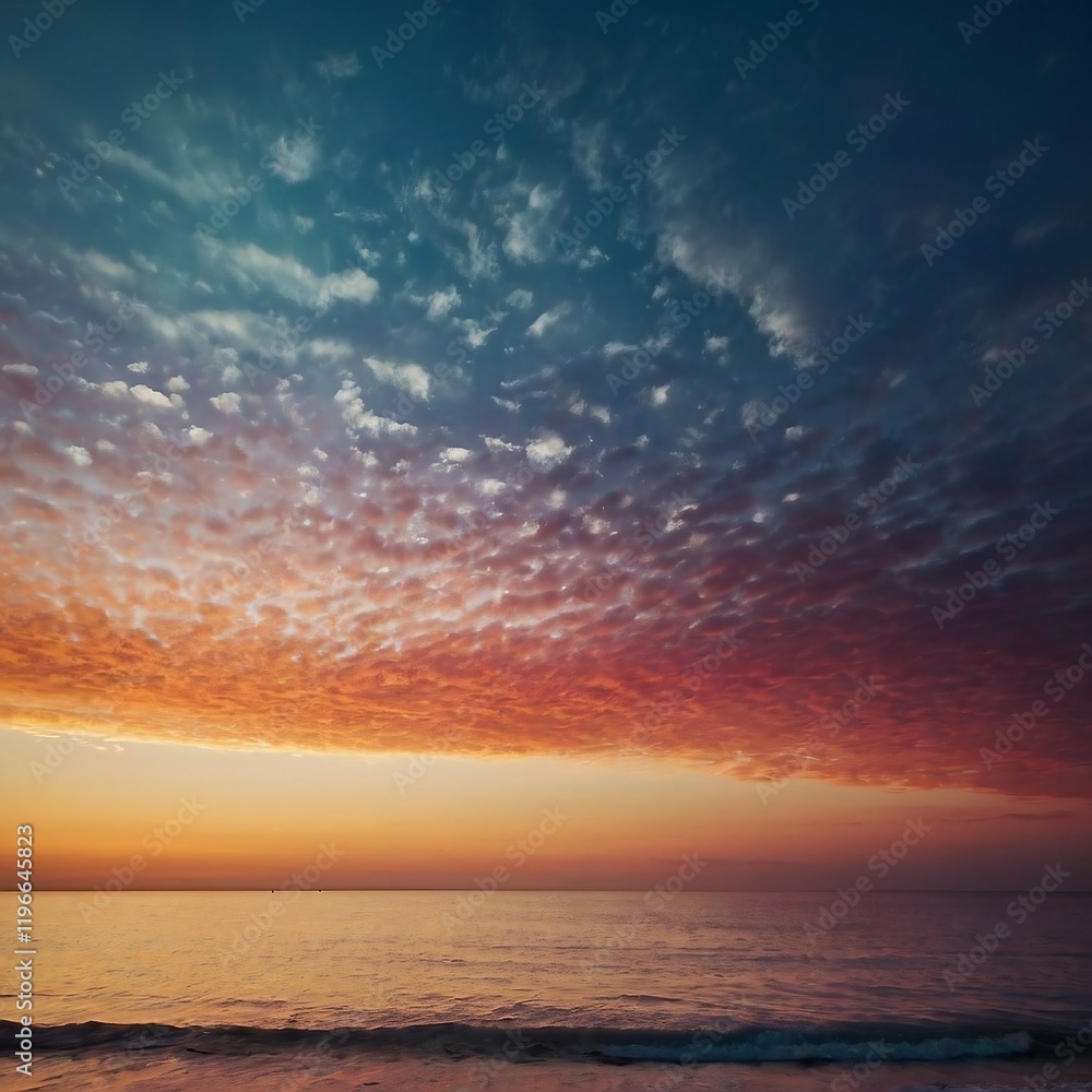 Fototapeta premium Sunset Photograph: Vibrant Colors and Tranquil Reflection Over the Calm Ocean Horizon at Twilight