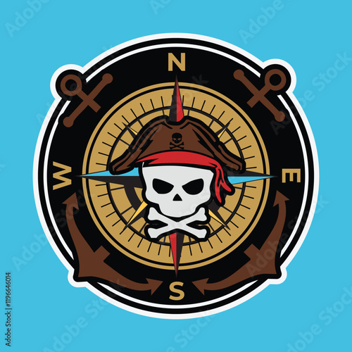 vintage retro badge style sticker and logo design of pirates with compass and anchor