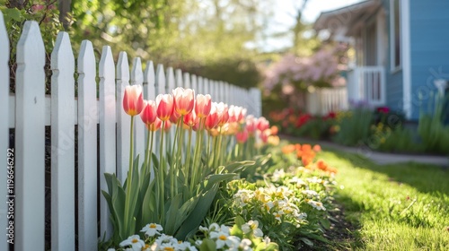 Fototapeta Naklejka Na Ścianę i Meble -  Beautiful pink tulips growing along white picket fence in spring garden