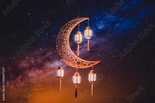 Crescent Moon with Floral Patterns and Hanging Lanterns in Starry Sky. photo