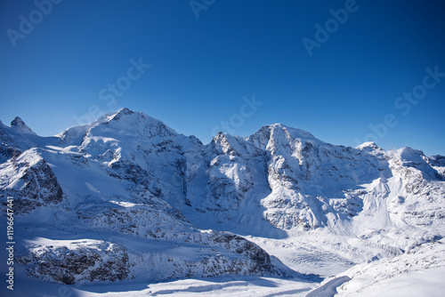 Switzerland Bernina Diavolezza perennial glacier, in winter with snow, Bernina train route. Piz Bernina.