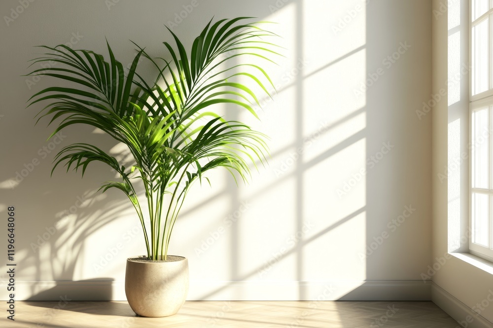 Sunlight illuminates a potted palm plant in a minimalist room. (2) Sunlight illuminates a potted palm plant in a minimalist room. (2)
