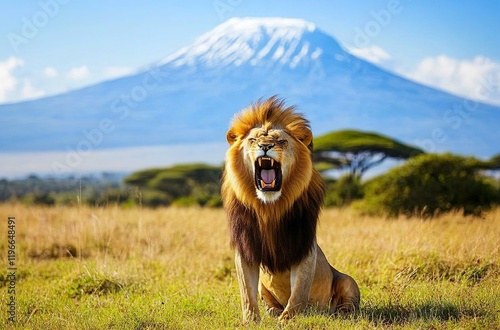 Majestic lion roaring in African savannah with Kili mountain in background