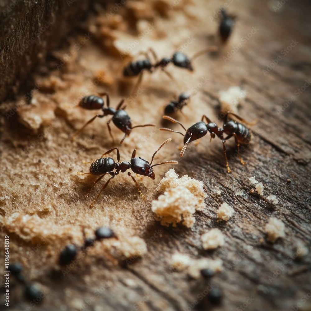 Close-up of several black ants foraging on decaying wood, crumbs visible. Close-up of several black ants foraging on decaying wood, crumbs visible.