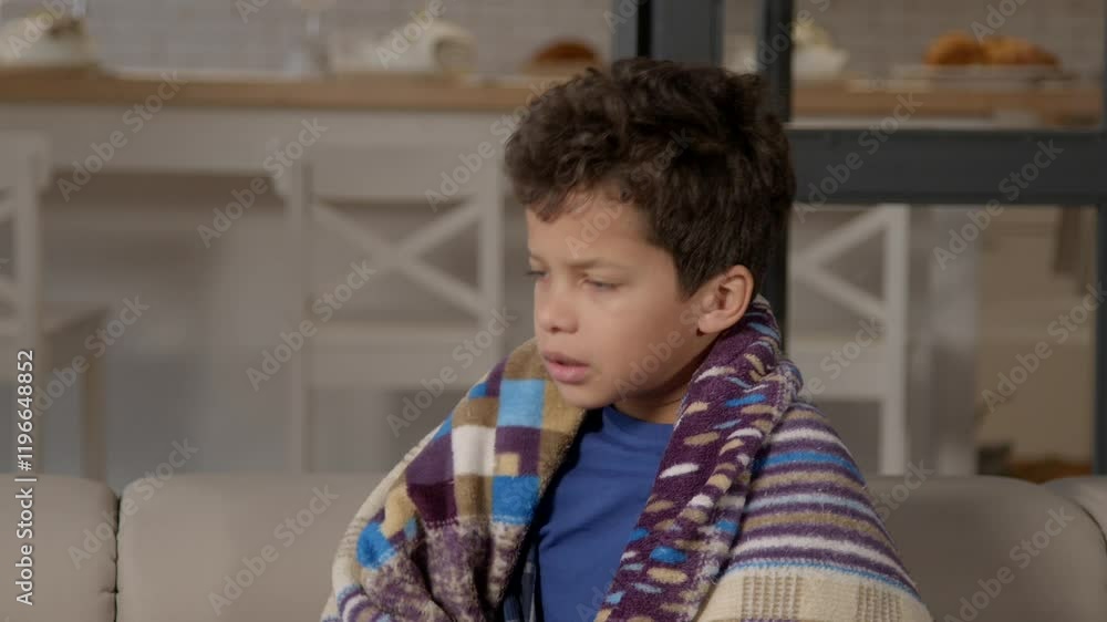 Ill school age African American boy sitting on sofa wrapped in warm blanket, suffering from runny nose and sneezing at home while ,catching cold during flu season.