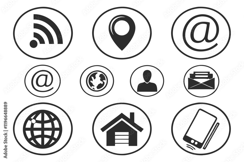 Black and white icons, minimalist design, circular shapes, communication symbols, phone, email, location pin, smartphone, at symbol, globe, house, printer, information, edit, user profile, RSS feed, v