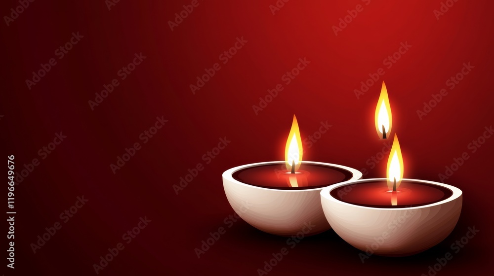 Red background with three lit candles in white bowls. The candles are lit and the bowls are placed on a table Red background with three lit candles in white bowls. The candles are lit and the bowls are placed on a table