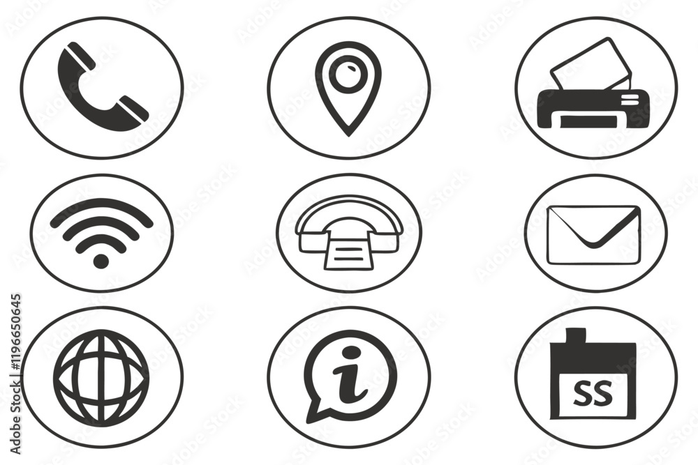 Black and white icons, minimalist design, circular shapes, communication symbols, phone, email, location pin, smartphone, at symbol, globe, house, printer, information, edit, user profile, RSS feed, v Black and white icons, minimalist design, circular shapes, communication symbols, phone, email, location pin, smartphone, at symbol, globe, house, printer, information, edit, user profile, RSS feed, v