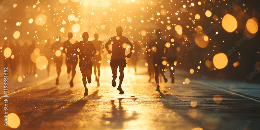 Runners Racing Towards the Setting Sun in a City - Dynamic Urban Marathon Scene Runners Racing Towards the Setting Sun in a City - Dynamic Urban Marathon Scene