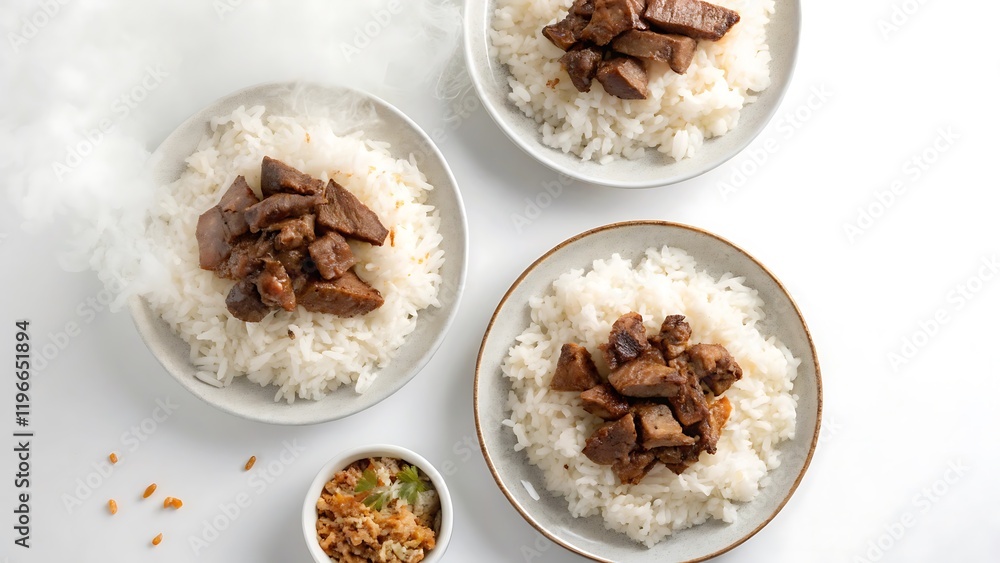 Plates with rice and beef isolated on white background top view Plates with rice and beef isolated on white background top view