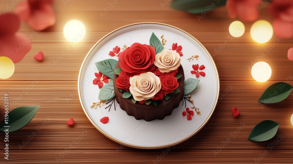 Cake with red and white flowers on a white plate. The cake is on a wooden table Cake with red and white flowers on a white plate. The cake is on a wooden table