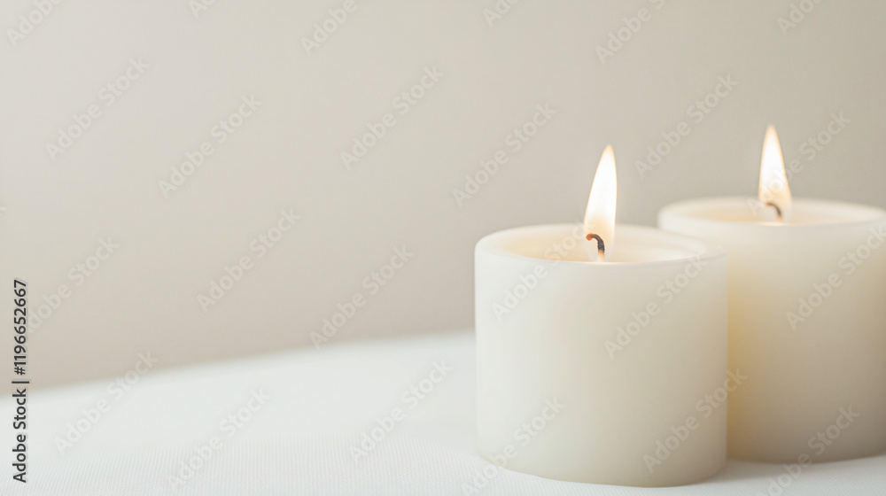 Two Burning Candles: Two white pillar candles with flickering flames, offering a sense of tranquility and warmth. The minimalist composition creates a serene and inviting atmosphere. Two Burning Candles: Two white pillar candles with flickering flames, offering a sense of tranquility and warmth. The minimalist composition creates a serene and inviting atmosphere.