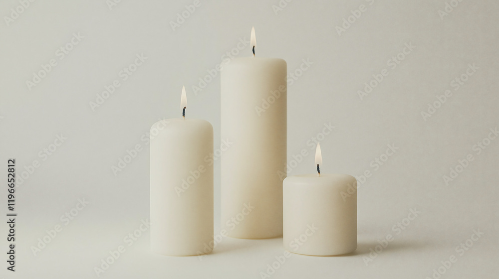 Candlelight Serenity: Three elegant pillar candles, each with a warm, flickering flame, cast a soft glow against a minimalist backdrop. The scene evokes a sense of tranquility and peace. Candlelight Serenity: Three elegant pillar candles, each with a warm, flickering flame, cast a soft glow against a minimalist backdrop. The scene evokes a sense of tranquility and peace.