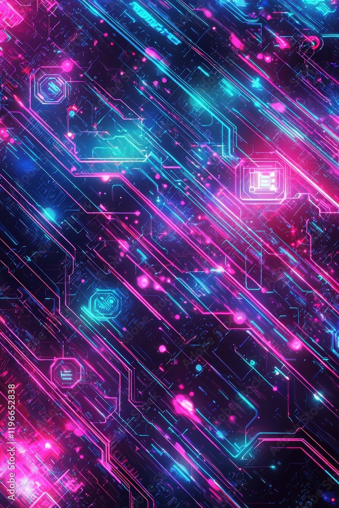 Dynamic technology-themed pattern with neon circuits and glowing digital elements