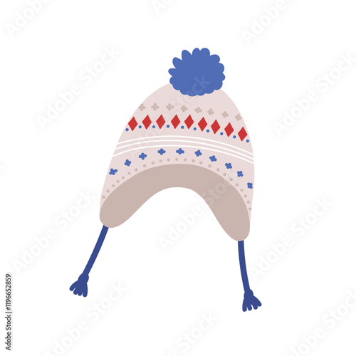 Warm knitted winter hat with earflaps, strings and pom-pom. Cozy woolen accessory for cold weather. Headwear, wool knitwear with ear flaps. Flat vector illustration isolated on white background