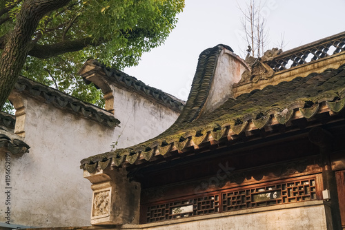 Detail close-up of ancient architecture in Huishan Ancient Town, Wuxi City, Jiangsu Province, China on July 28, 2024 photo