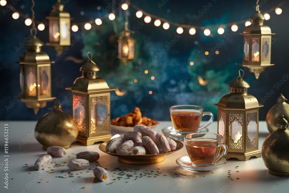 Festive Ramadan Setting with Lanterns, Dates, and Tea. Festive Ramadan Setting with Lanterns, Dates, and Tea.