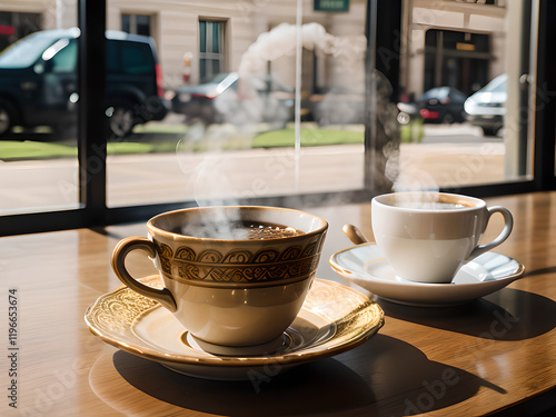 Two elegant cups of coffee release steam, placed on a wooden table by a window, capturing the warmth of a café ambiance on a sunny day with street views in the background.