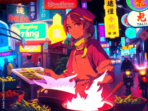 An animated woman cooks with flames in a lively street food market, surrounded by neon signs and a bustling urban atmosphere, highlighting vibrant nightlife energy.