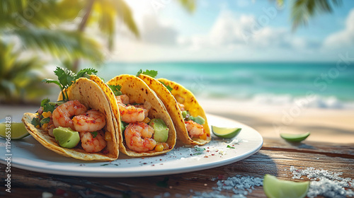 Ceviche-style shrimp tacos Avocado and Cilantro placed neatly on a pristine white plate, set on a rustic wooden table with a picturesque beach background. Suitable for marketing or business purposes photo