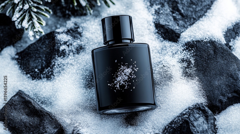 Bottle of cologne is on a rock covered in snow. The bottle is black and has a black cap. The snow on the rock is white and powdery Bottle of cologne is on a rock covered in snow. The bottle is black and has a black cap. The snow on the rock is white and powdery