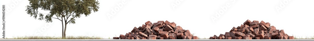 Two piles of wood chips near a tree on a white background. Two piles of wood chips near a tree on a white background.