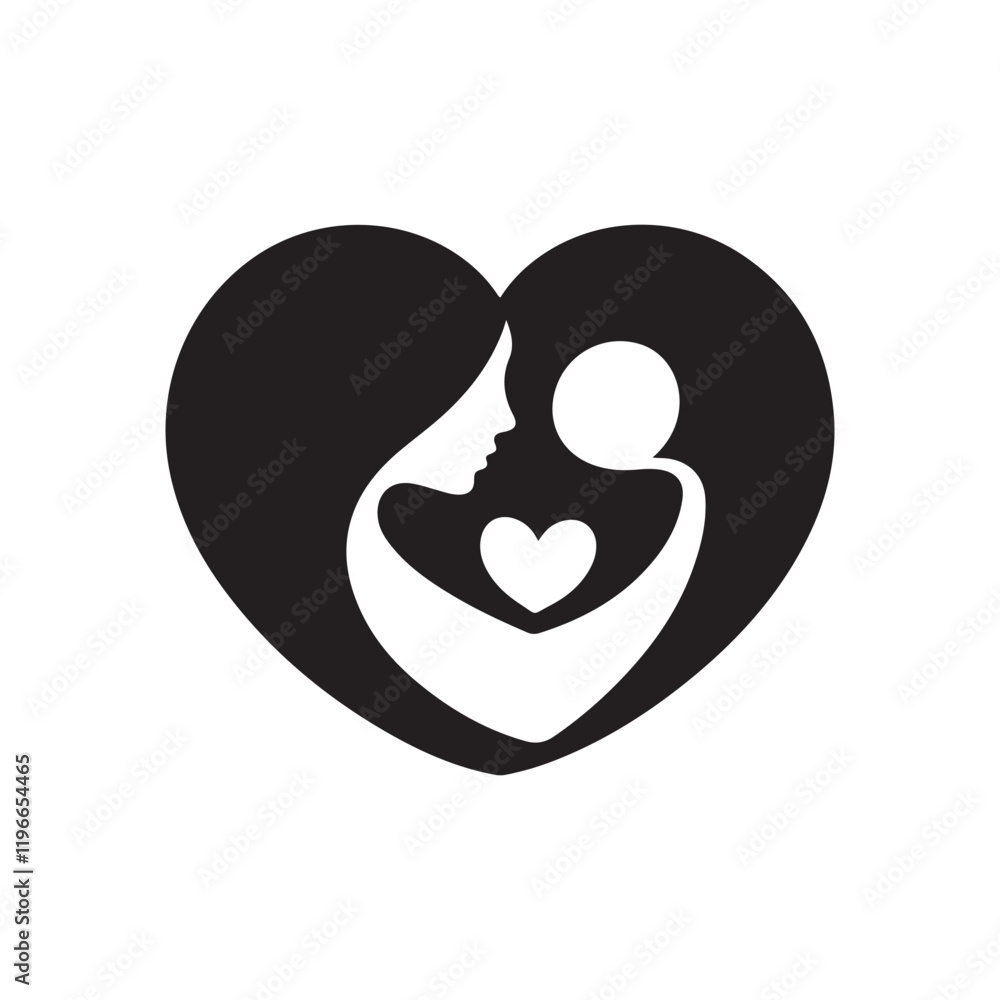 Mother and baby stylized vector symbol, mother hugging child silhouette vectors on white background Mother and baby stylized vector symbol, mother hugging child silhouette vectors on white background