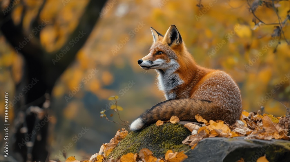 Fototapeta premium Red fox resting amidst autumn leaves.
