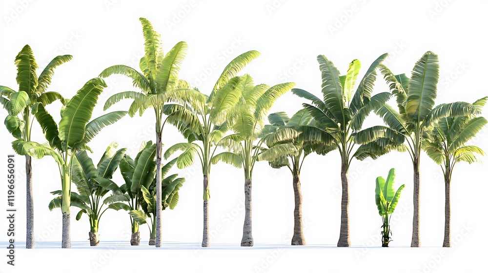 Collection of isolated banana trees on a white background, botanical concept, ultra high resolution, highly detailed, photorealistic, no people, no animals, white studio lighting, professional 