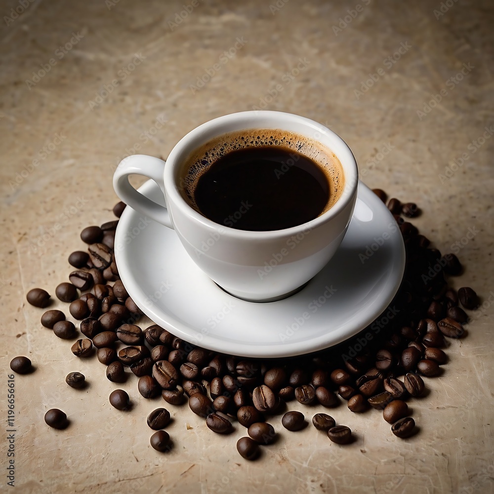 Espresso in White Cup with Roasted Beans and Coffee Accessories Photograph Espresso in White Cup with Roasted Beans and Coffee Accessories Photograph