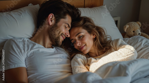 Valentine's day. Couple of lovers lying in bed, family, love, romance, passion. Beautiful man and woman, guy and girl, day off, sex life, date, relationship, time together