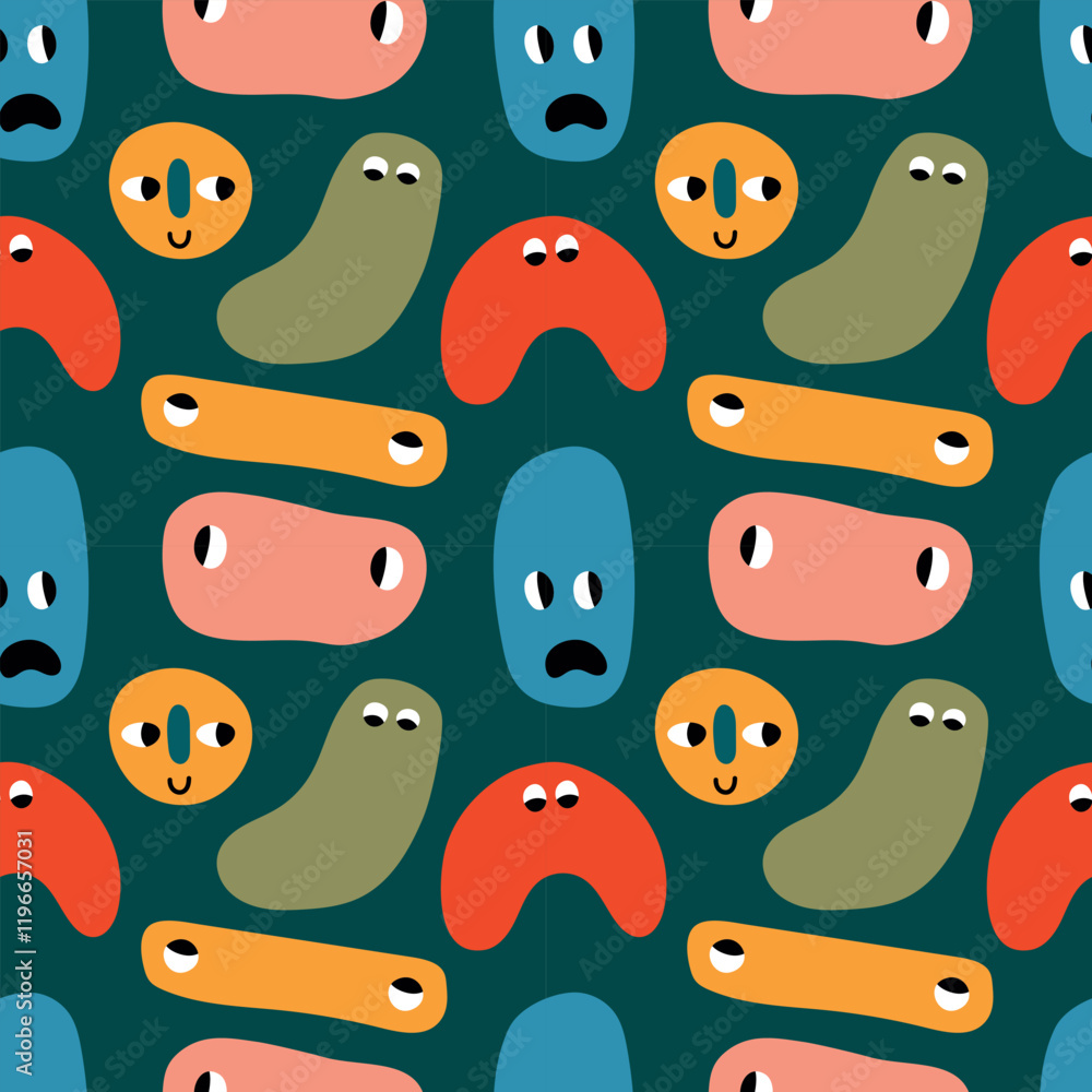 Colorful abstract faces seamless pattern. Funny faces on a dark background. Modern vector illustration for baby clothes, background, wrapping paper, packaging, cover Colorful abstract faces seamless pattern. Funny faces on a dark background. Modern vector illustration for baby clothes, background, wrapping paper, packaging, cover