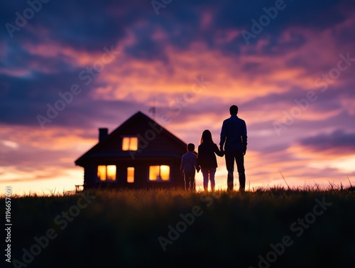 Family Silhouette at Sunset, New Home Dream