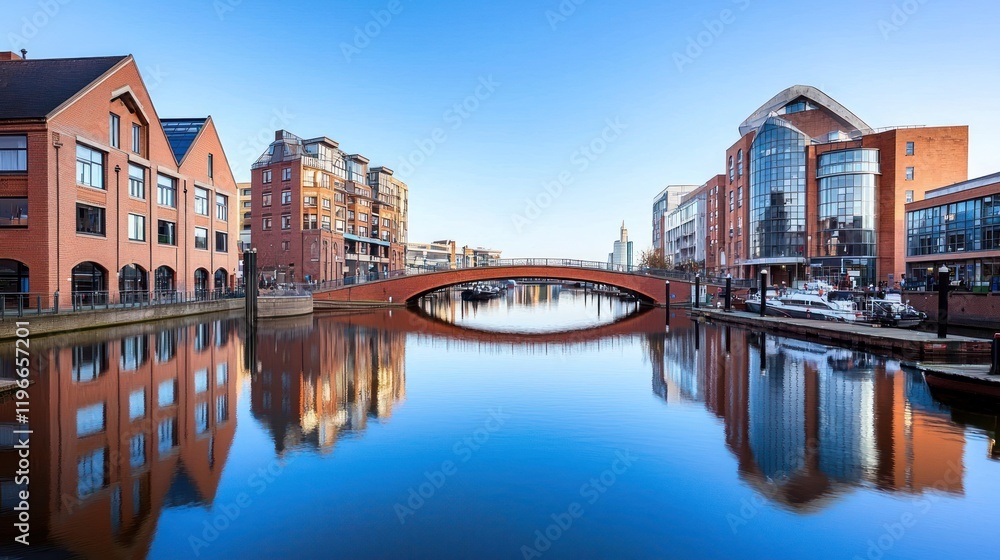 Obraz premium Scenic view of a canal with modern buildings and a bridge.