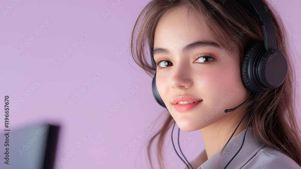 Young Woman with Headset Providing Customer Support on Light Purple Background Young Woman with Headset Providing Customer Support on Light Purple Background