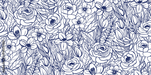 Floral Seamless Pattern of Roses, Tulips, Narcissus Flowers and leaves on Flowers field with bold outlines, Blue on White Background. Wallpaper Design for Textiles, Papers, Prints, Beauty Products.
