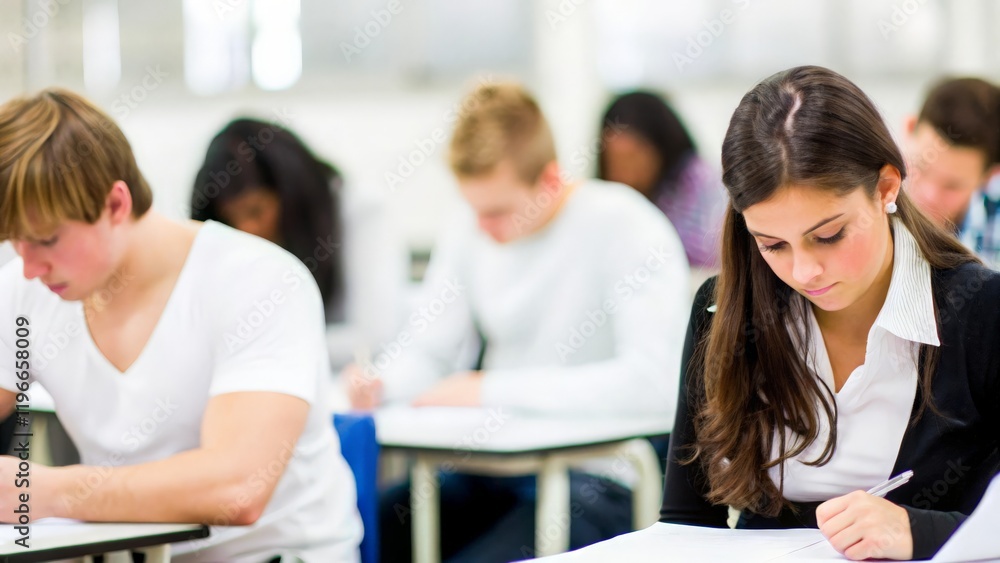 Fototapeta premium Students in Test Room: Blurred background of a classroom with test-taking students. 