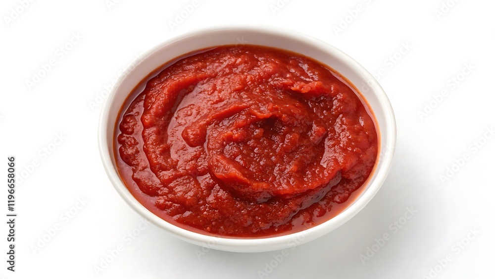 Top view of a bowl with tomato paste isolated on white background Top view of a bowl with tomato paste isolated on white background